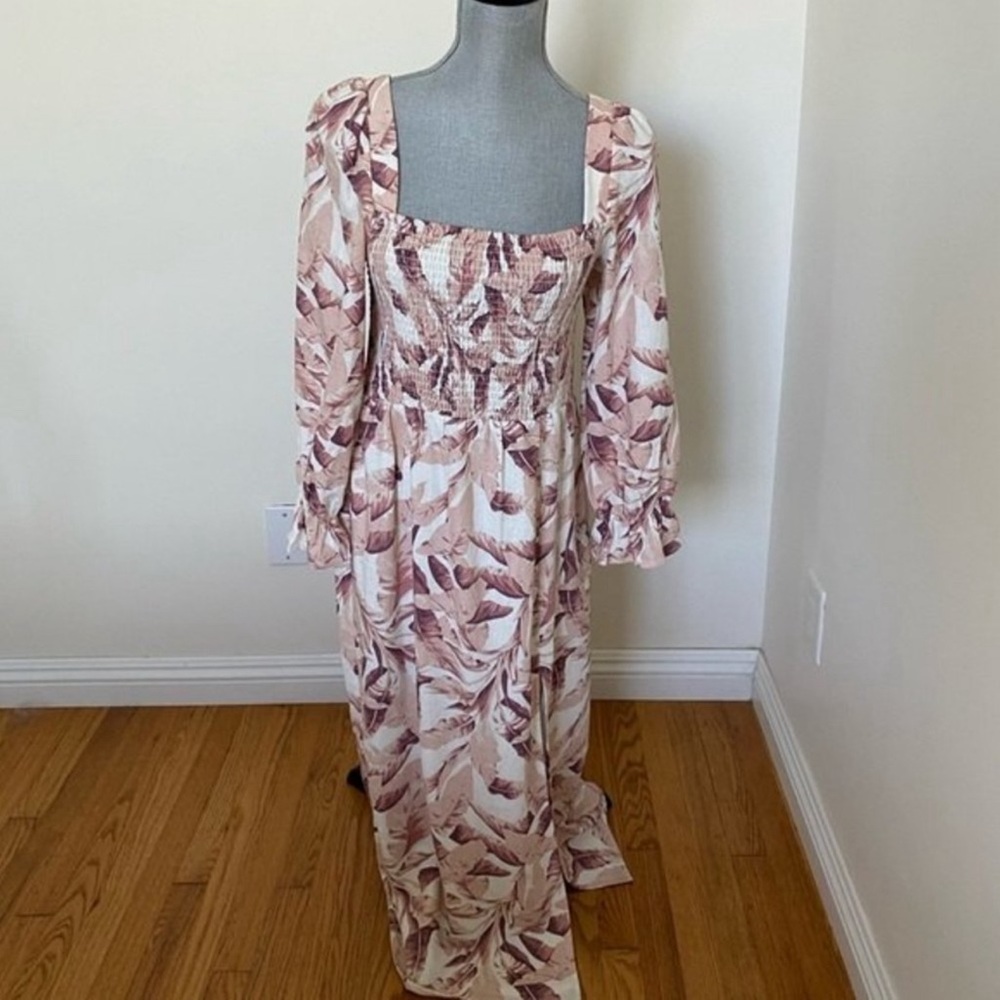 House of Harlow 1960 Floral Linen Puff Sleeve Midi Dress Beachy Vacation